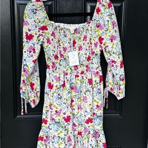 Lauren Conrad Floral Smocked Midi Dress With Tie Sleeve Details XS
